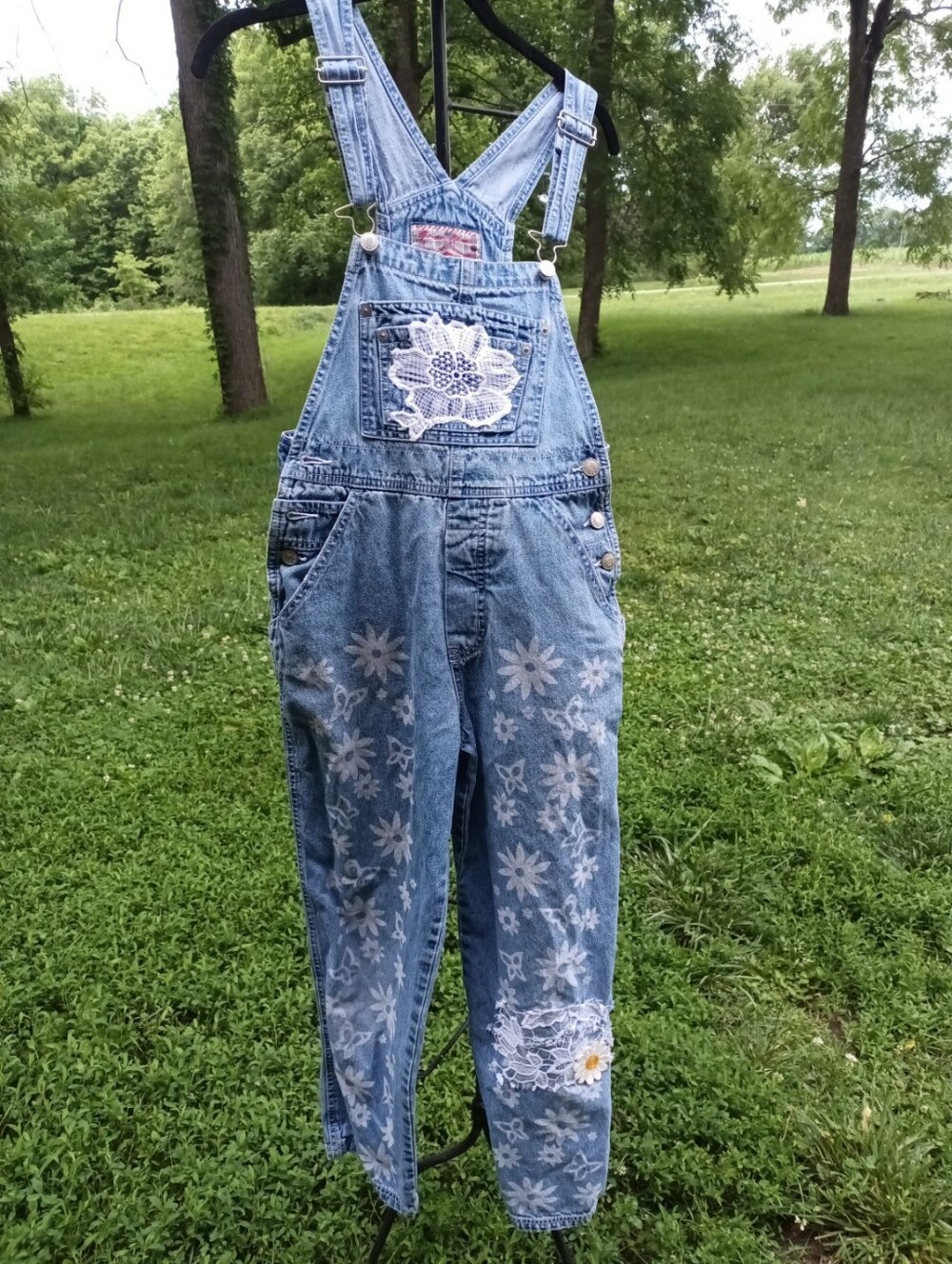One Of A Kind Denim Overalls Size Medium Boho Cottagecore Lace Floral Upcycled